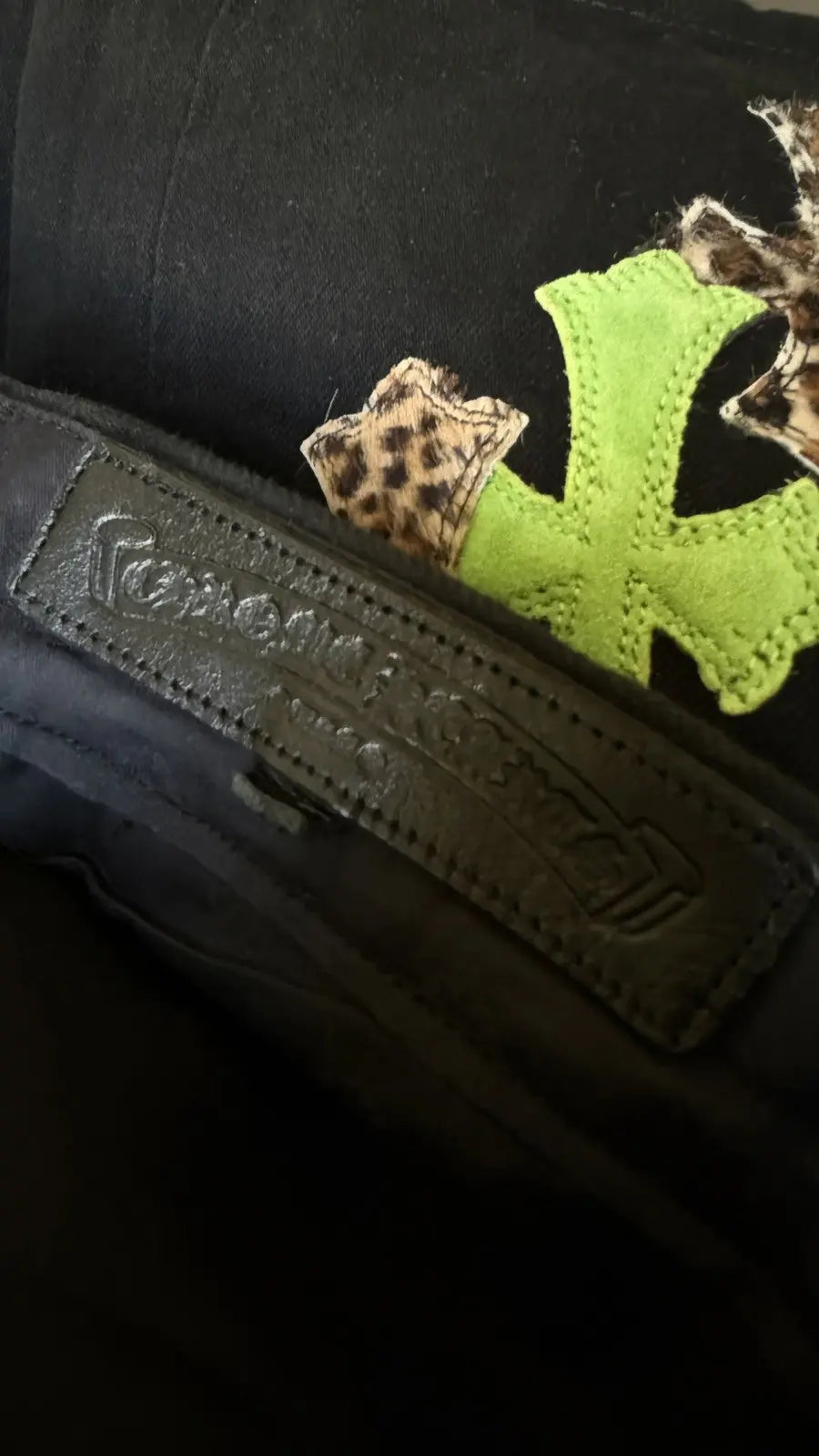 Chrome Hearts Black Cheetah Lime Cross Patch Jeans