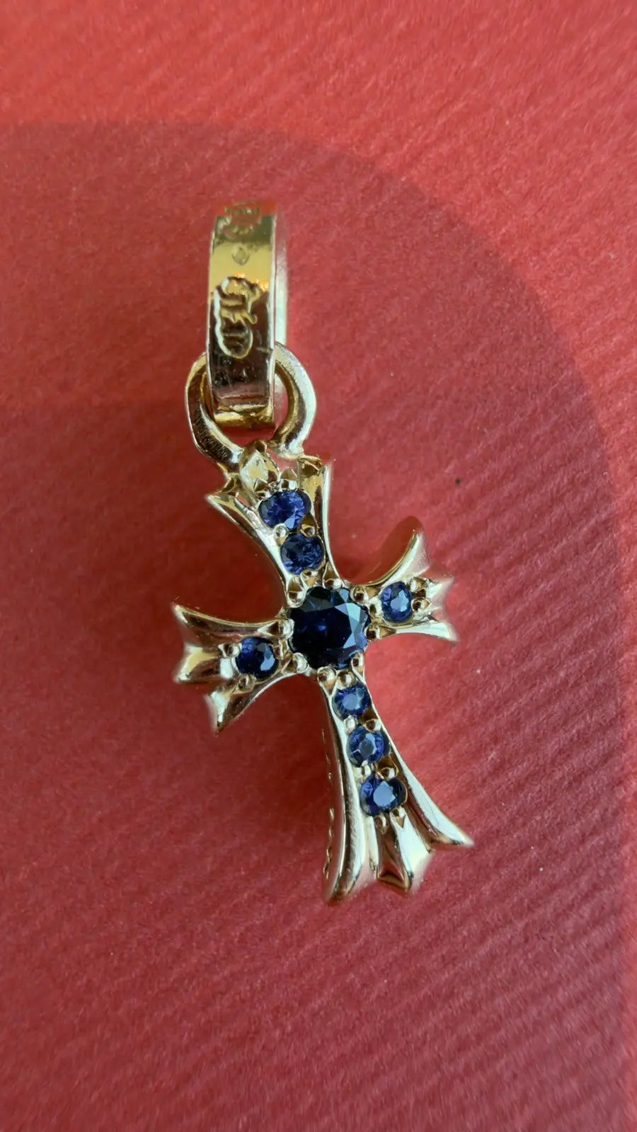 Chrome Hearts 22K Gold Blue Baby Fat Cross Charm Pendant Chrome Hearts