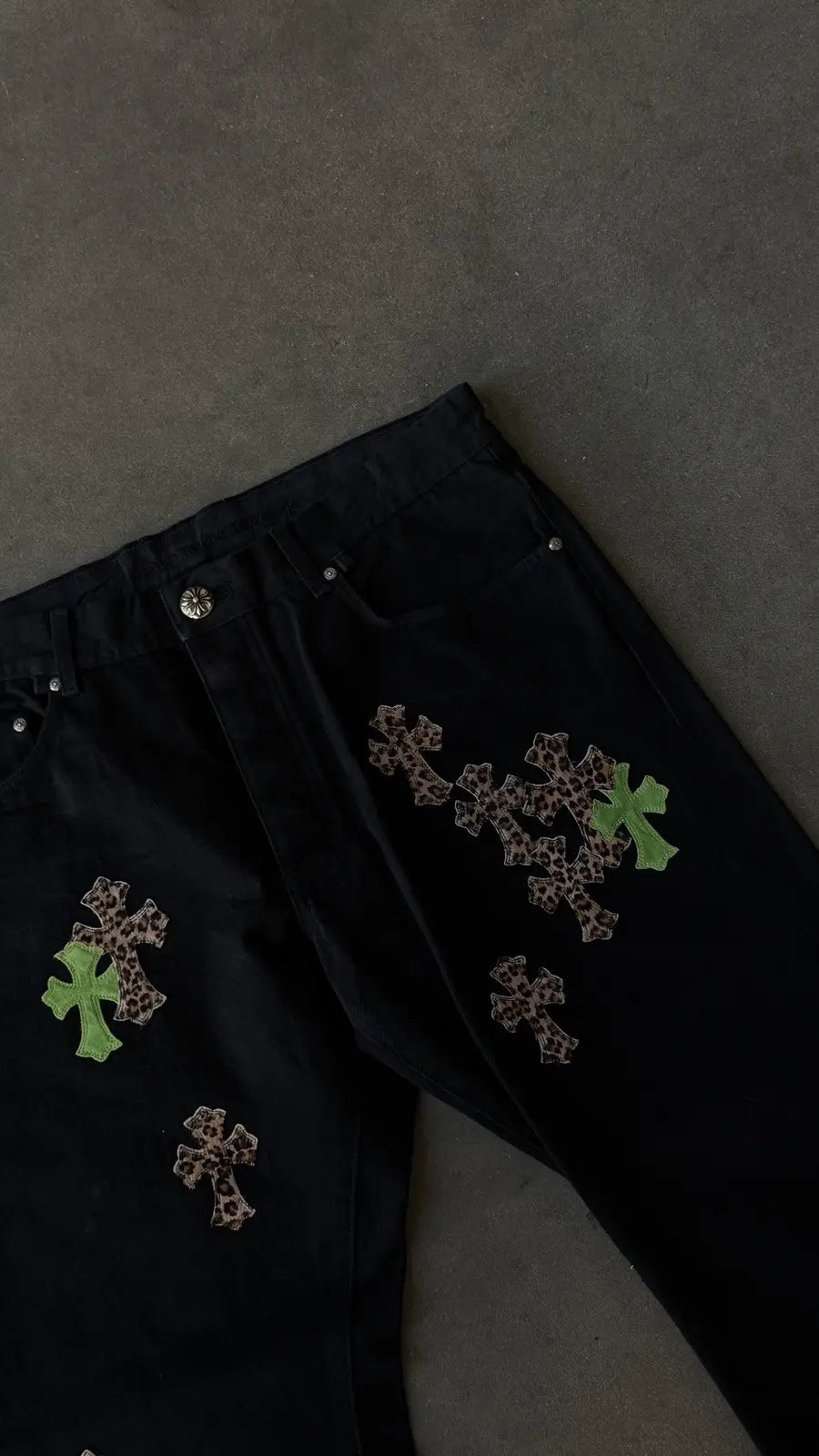 Chrome Hearts Black Cheetah Lime Cross Patch Jeans