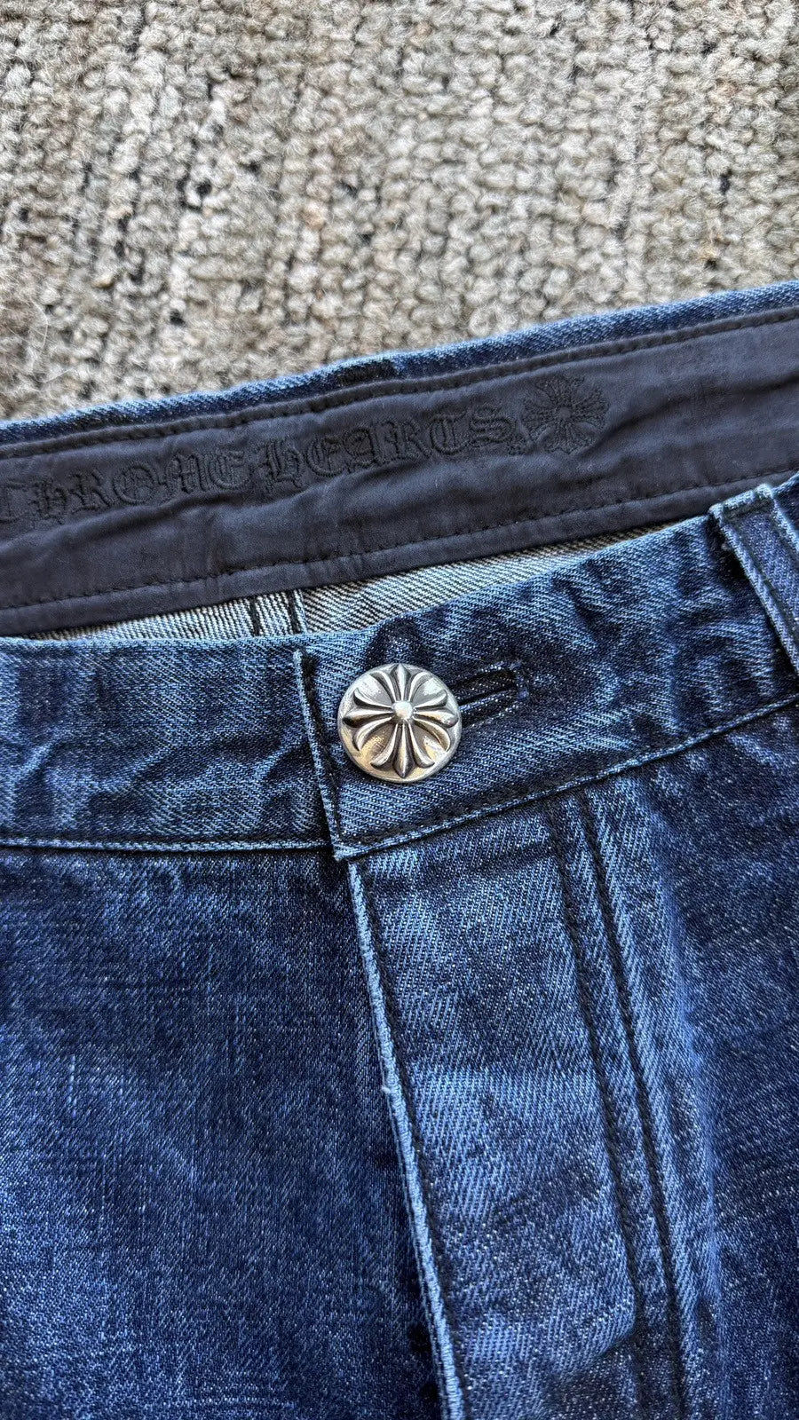 Chrome Hearts Dark Wash Denim Jeans Sterling Cross Button Chrome Hearts