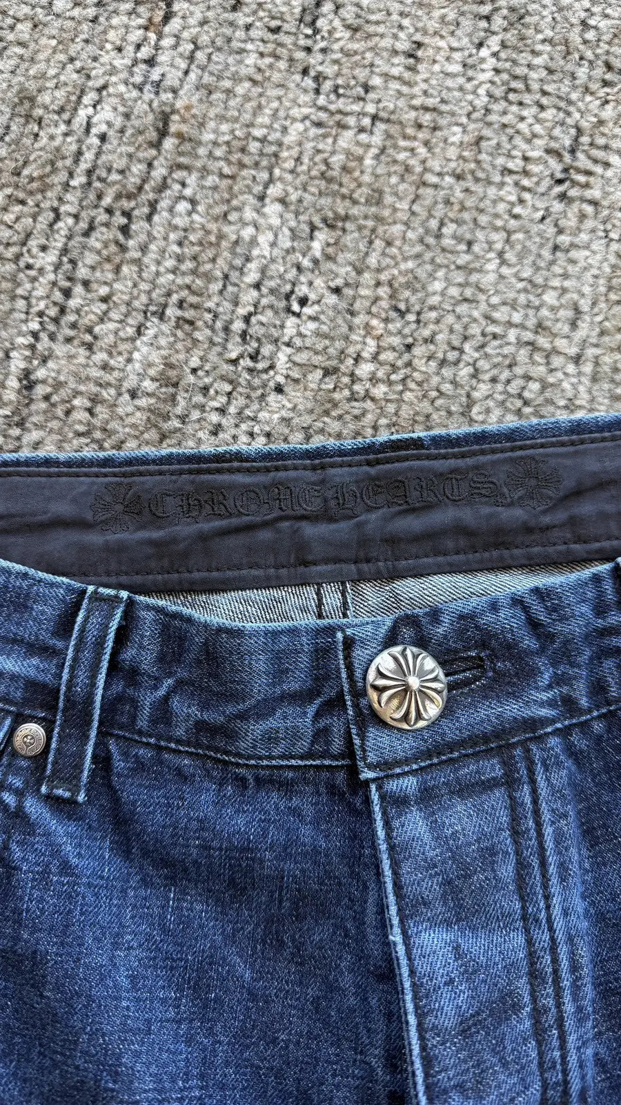 Chrome Hearts Dark Wash Denim Jeans Sterling Cross Button Chrome Hearts