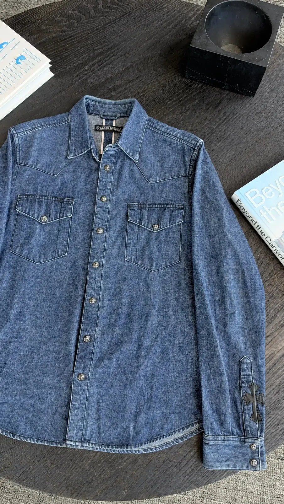 Chrome Hearts Cross Patch Western Denim Button-Up Shirt Size L Chrome Hearts