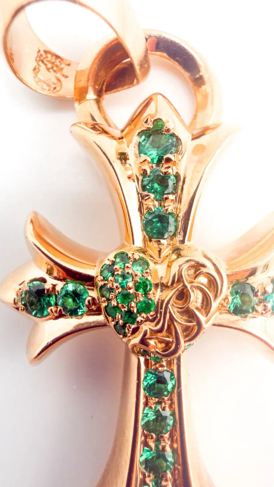 Chrome Hearts 22K Gold Emerald Heart Cross Pendant Chrome Hearts