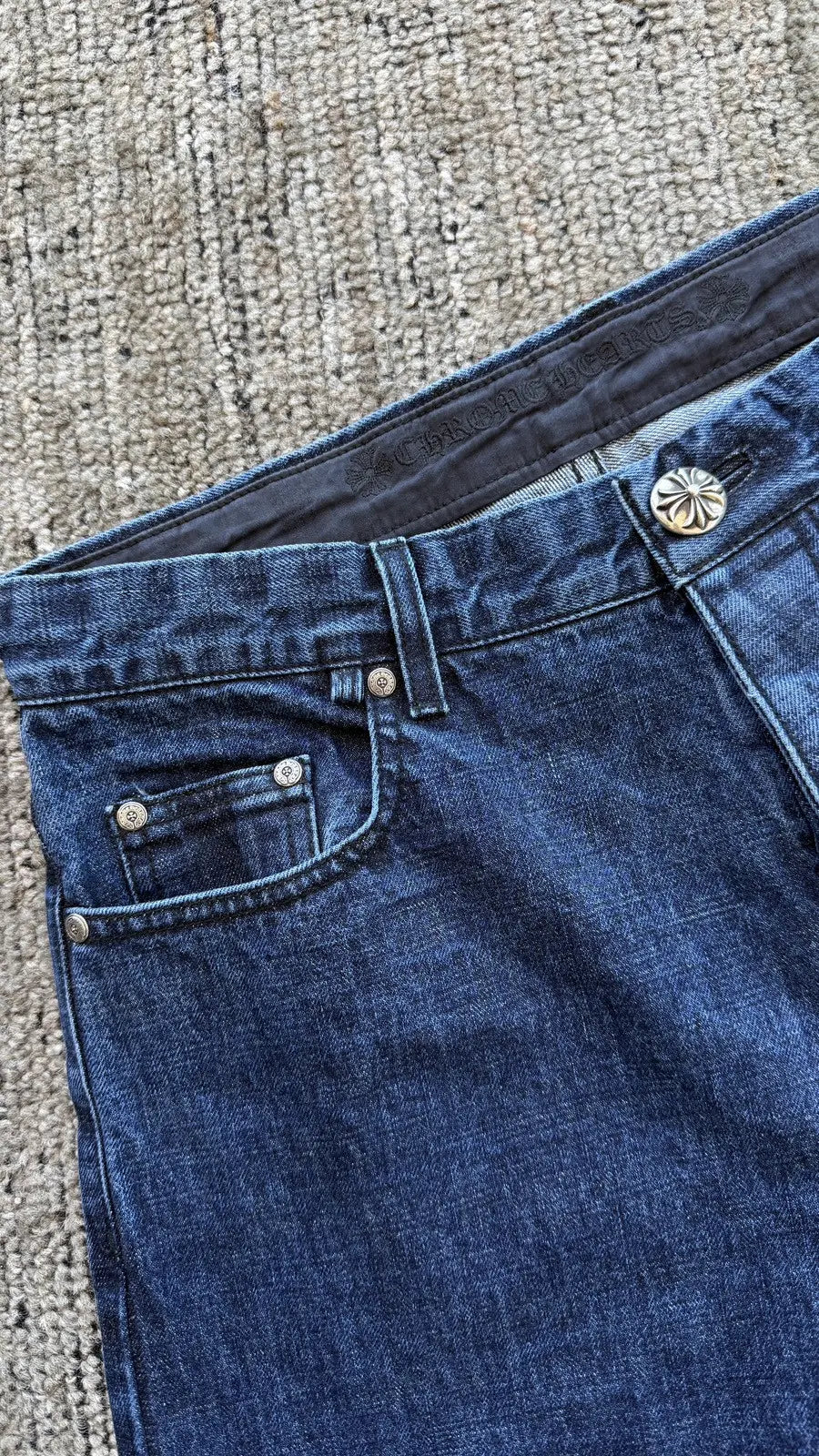 Chrome Hearts Dark Wash Denim Jeans Sterling Cross Button Chrome Hearts
