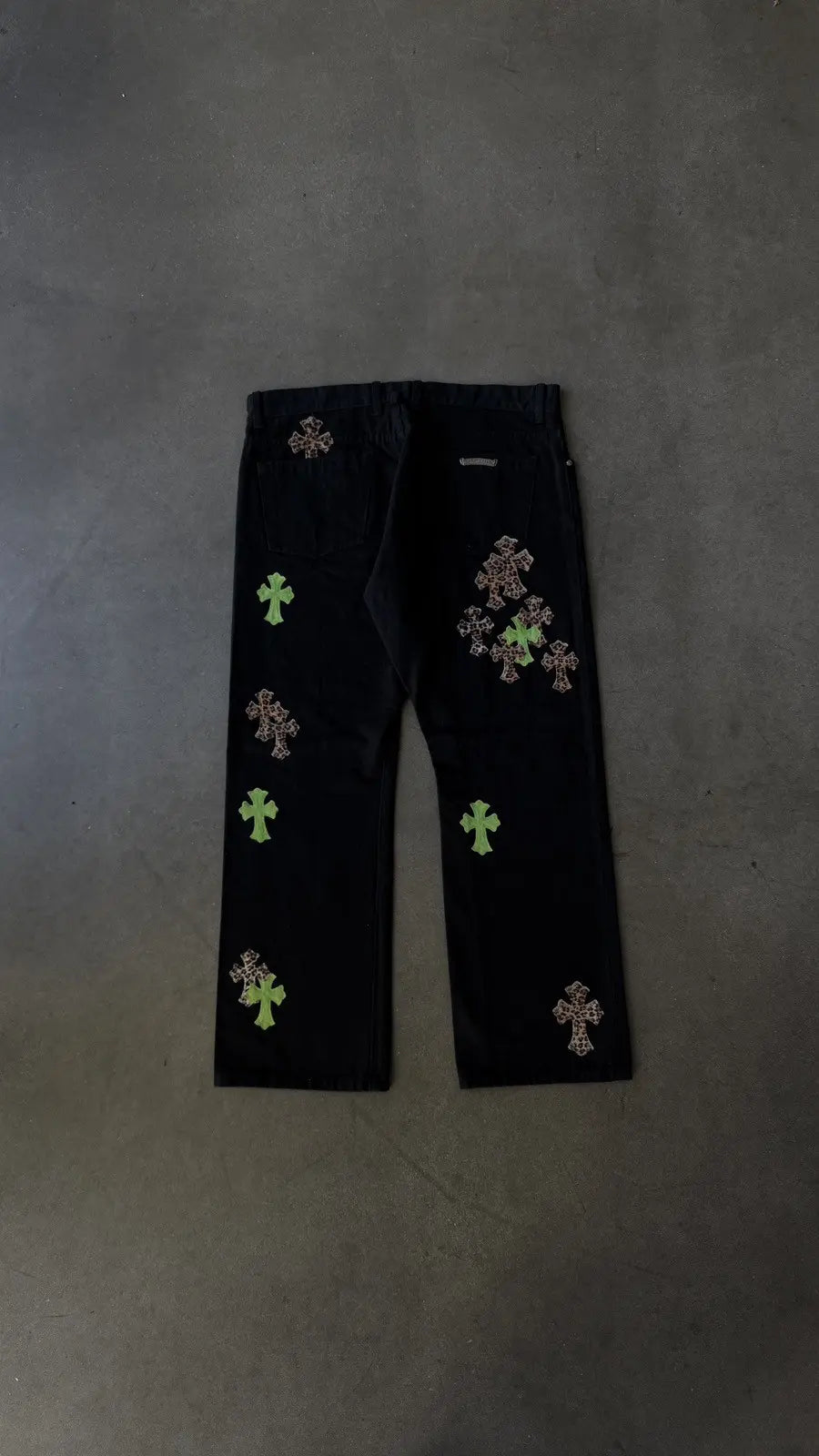 Chrome Hearts Black Cheetah Lime Cross Patch Jeans