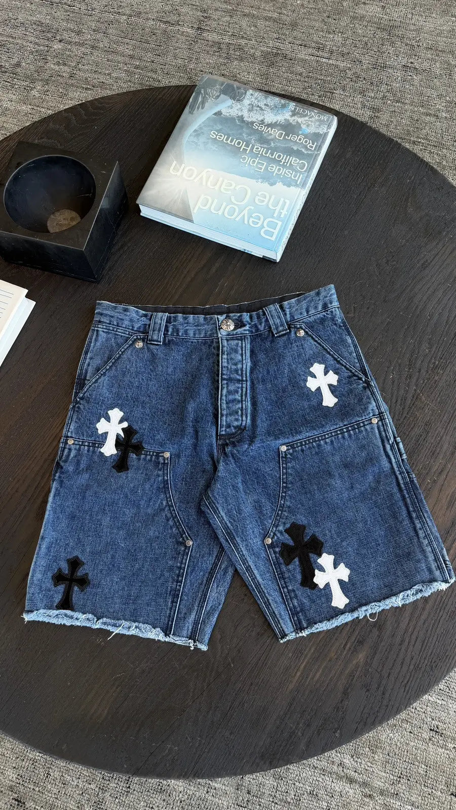 Chrome Hearts White Black Cross Patch Jean Shorts Chrome Hearts