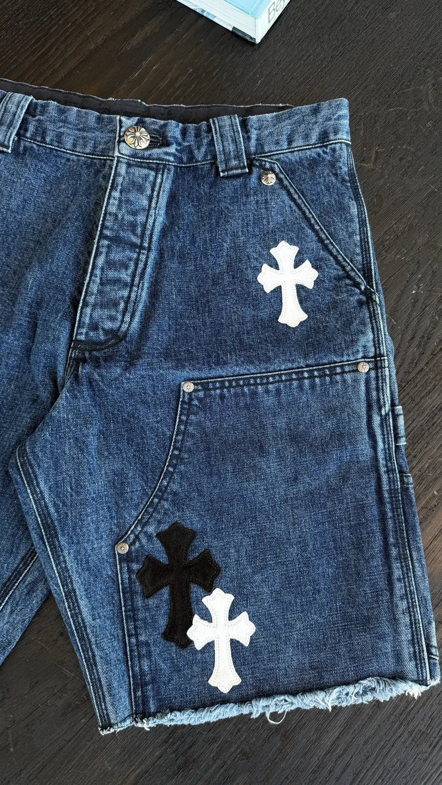 Chrome Hearts White Black Cross Patch Jean Shorts Chrome Hearts