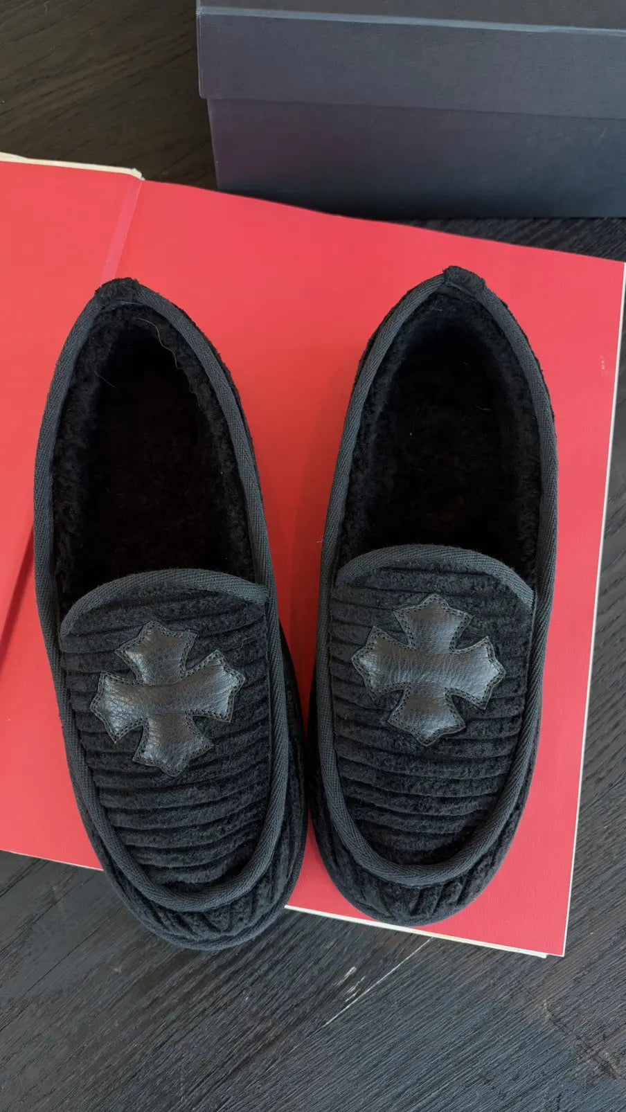 Chrome Hearts Black Corduroy Cross Patch Slippers Loafers Size 43 Chrome Hearts