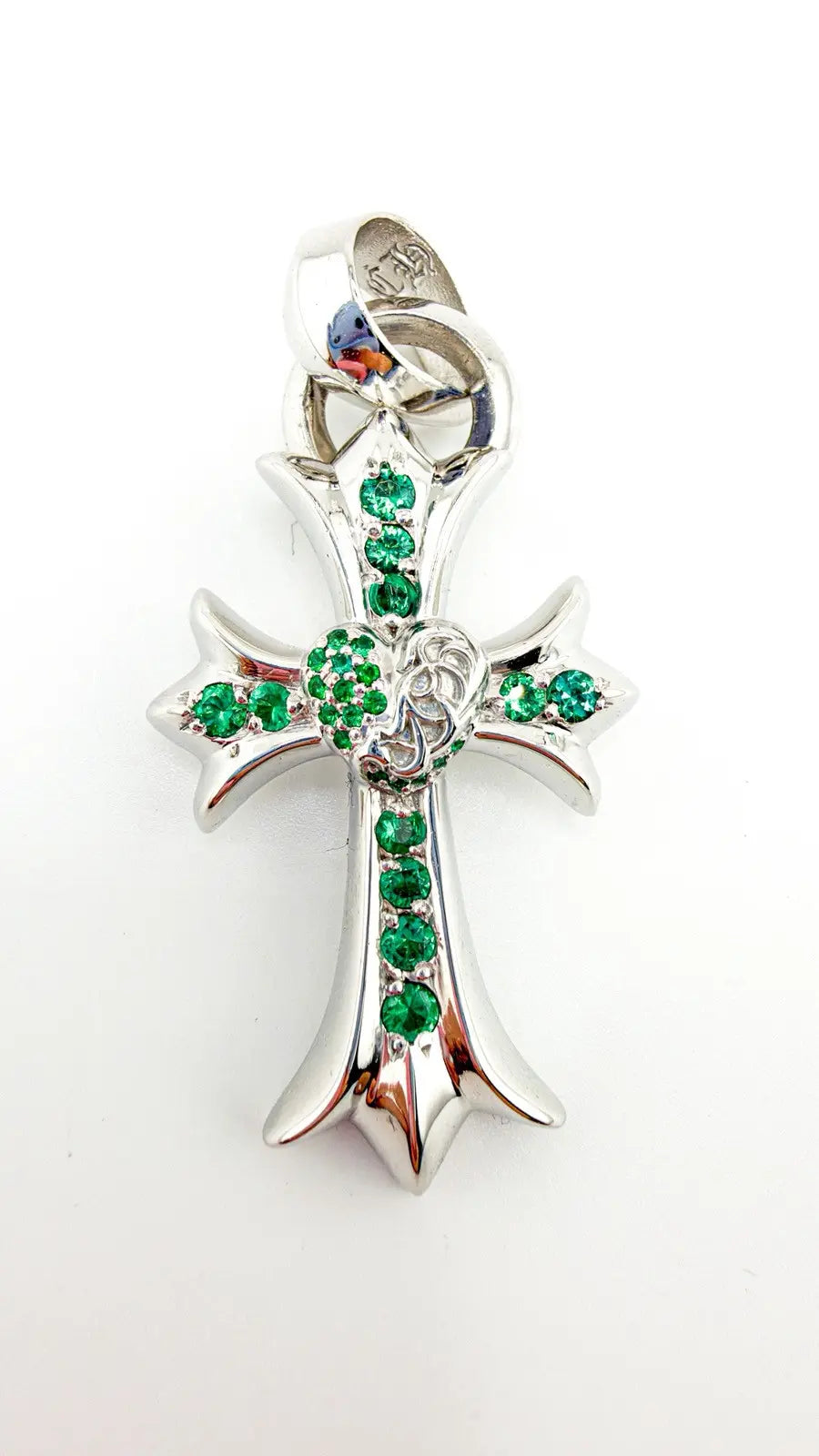 Chrome Hearts 18K White Gold Emerald Vine Cross Pendant Chrome Hearts