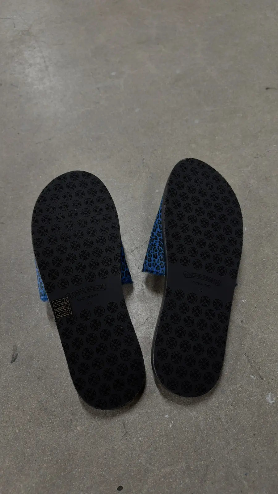 Chrome Hearts Black And Blue Cheetah Leather Cross Slides