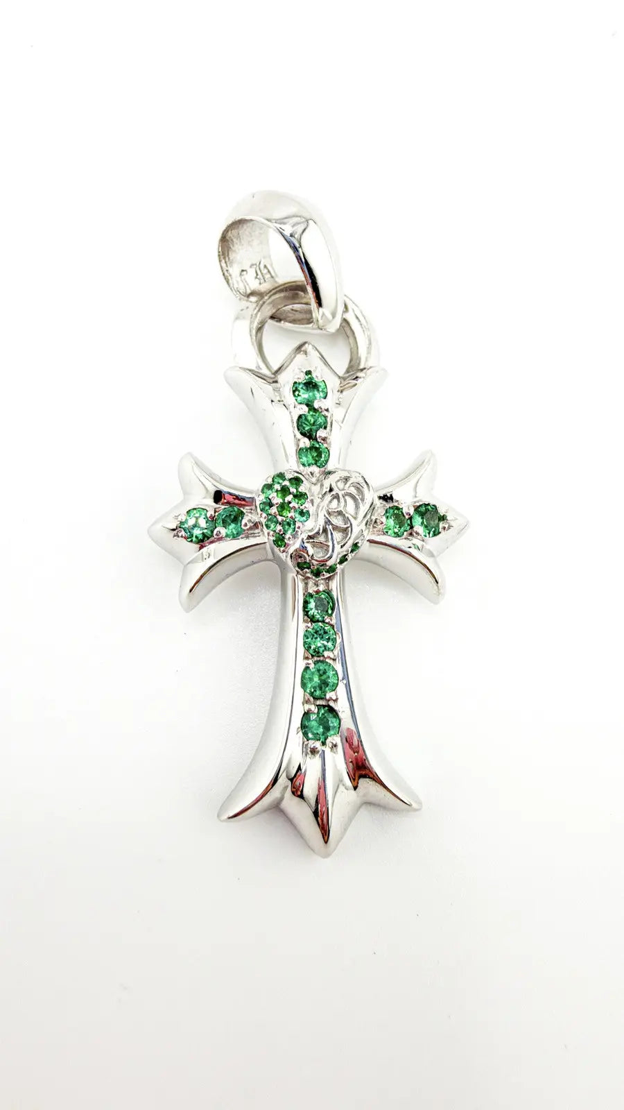 Chrome Hearts 18K White Gold Emerald Vine Cross Pendant Chrome Hearts