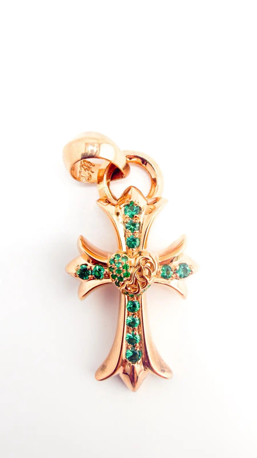 Chrome Hearts 22K Gold Emerald Heart Cross Pendant Chrome Hearts