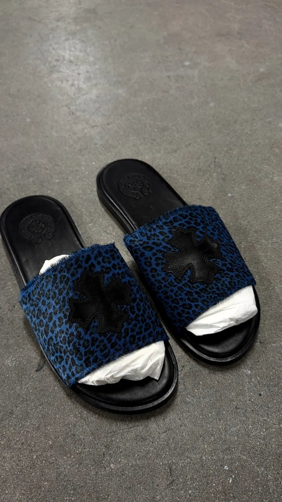 Chrome Hearts Black And Blue Cheetah Leather Cross Slides