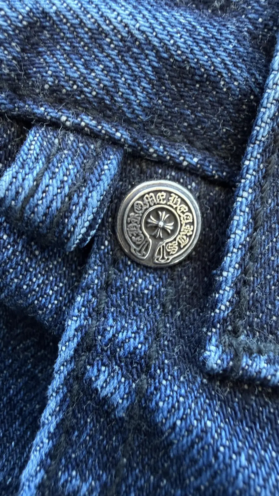 Chrome Hearts Dark Wash Denim Jeans Sterling Cross Button Chrome Hearts