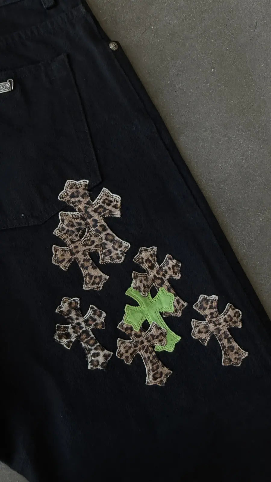 Chrome Hearts Black Cheetah Lime Cross Patch Jeans