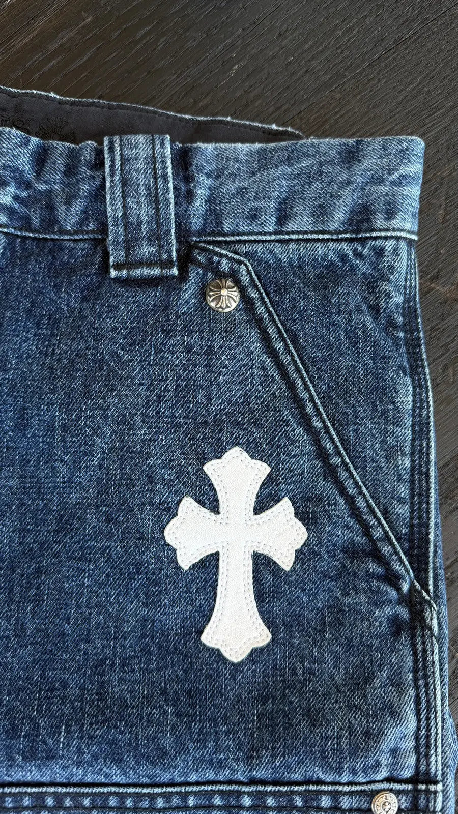 Chrome Hearts White Black Cross Patch Jean Shorts Chrome Hearts