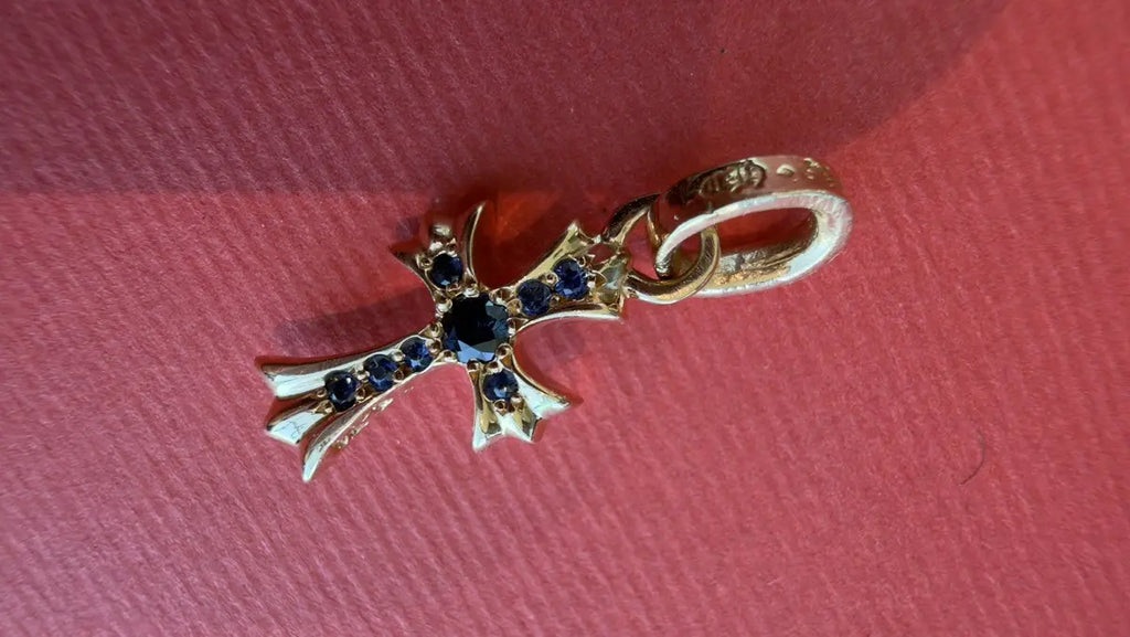 Chrome Hearts 22K Gold Blue Baby Fat Cross Charm Pendant Chrome Hearts
