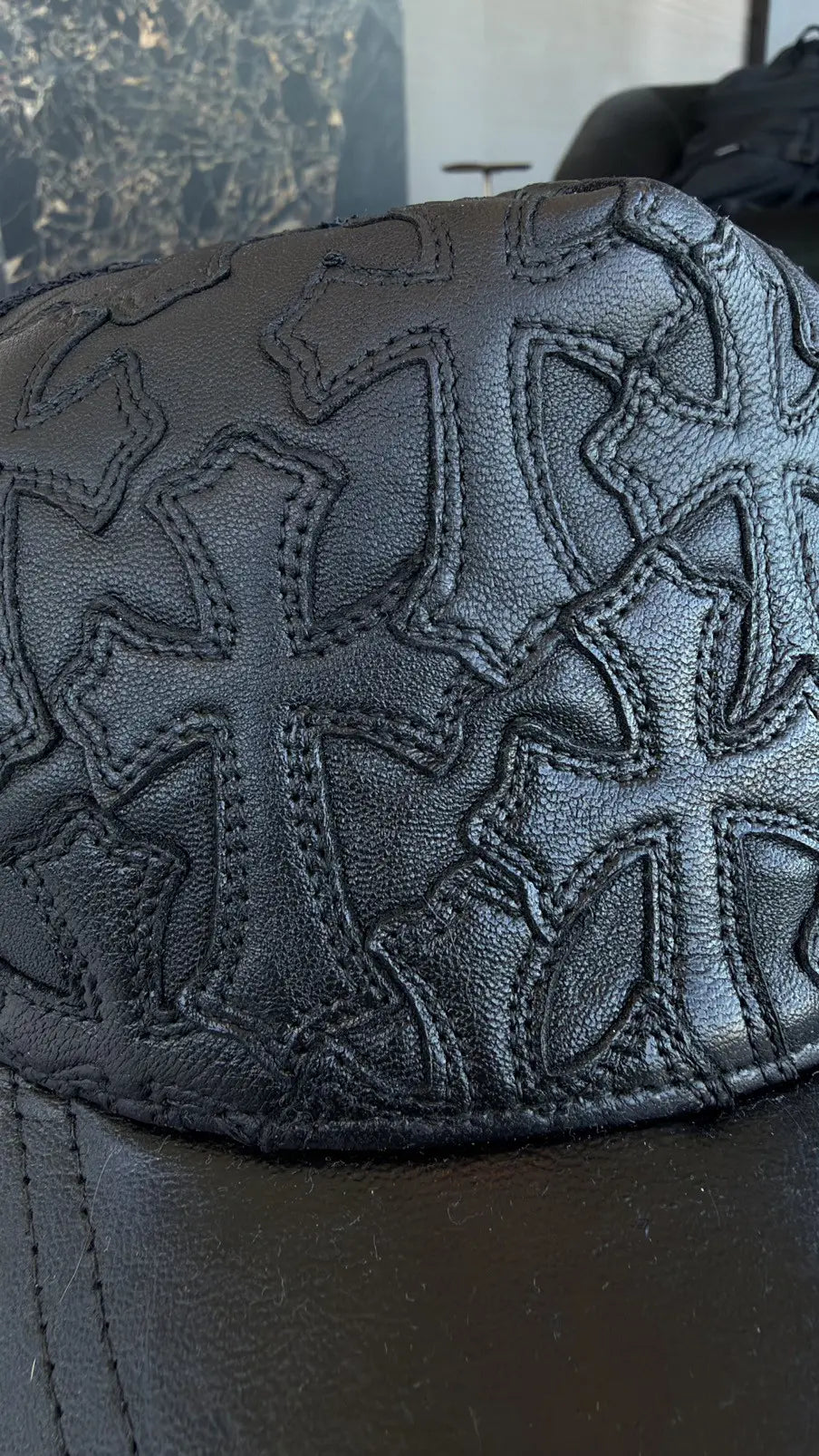 Chrome Hearts Cemetery Cross Leather Stitched Trucker Hat Chrome Hearts