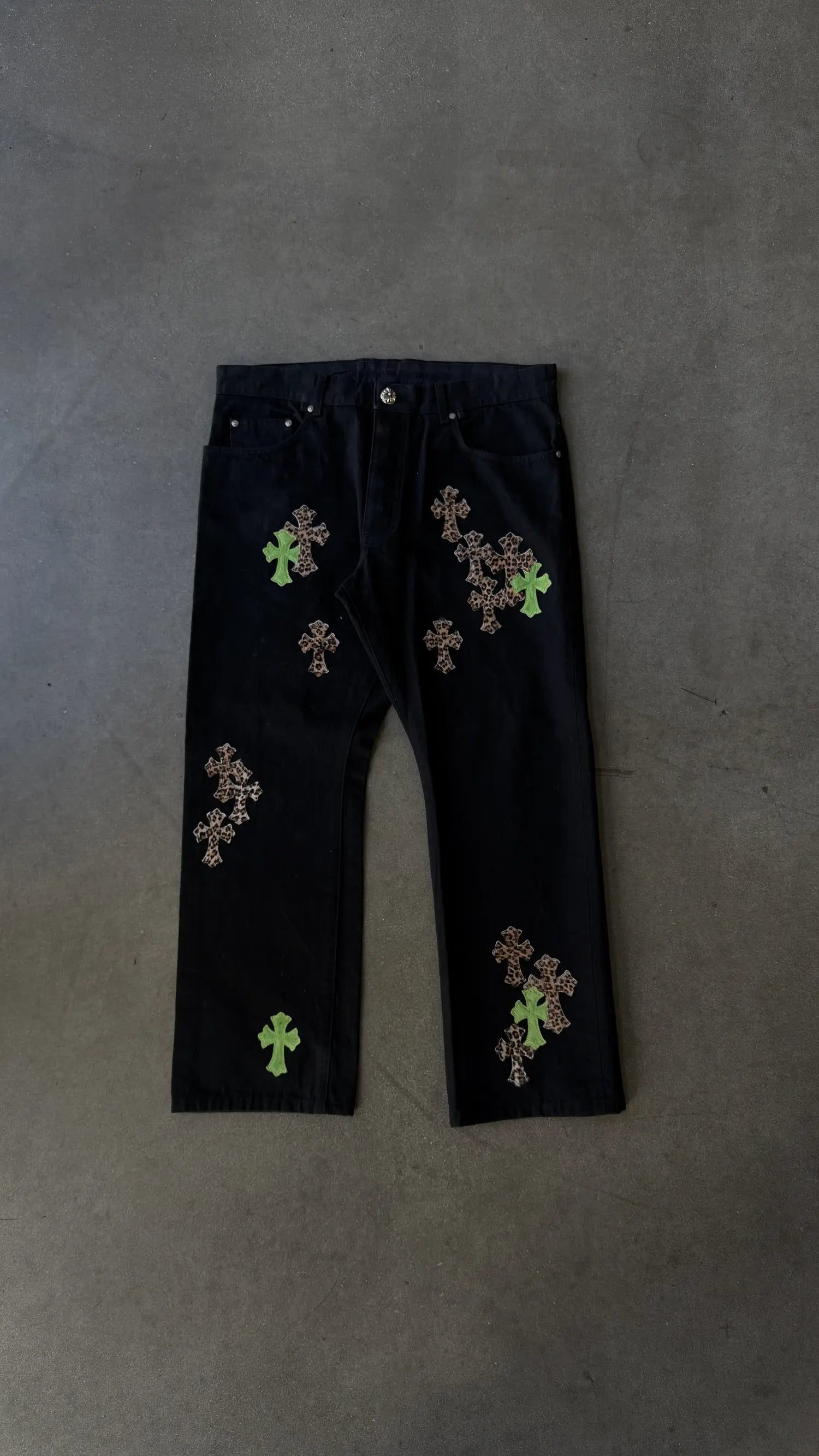 Chrome Hearts Black Cheetah Lime Cross Patch Jeans